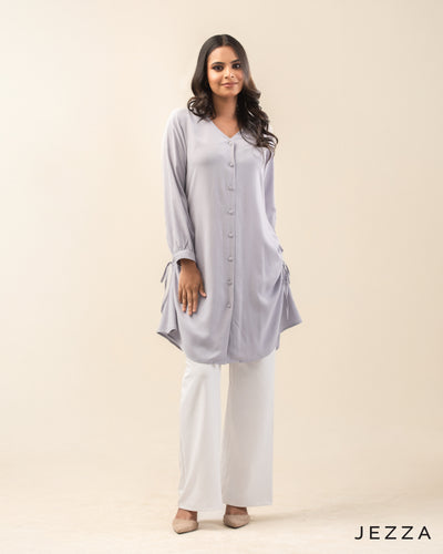 Draped Grace: Ruched V-Neck Knee Top 71532
