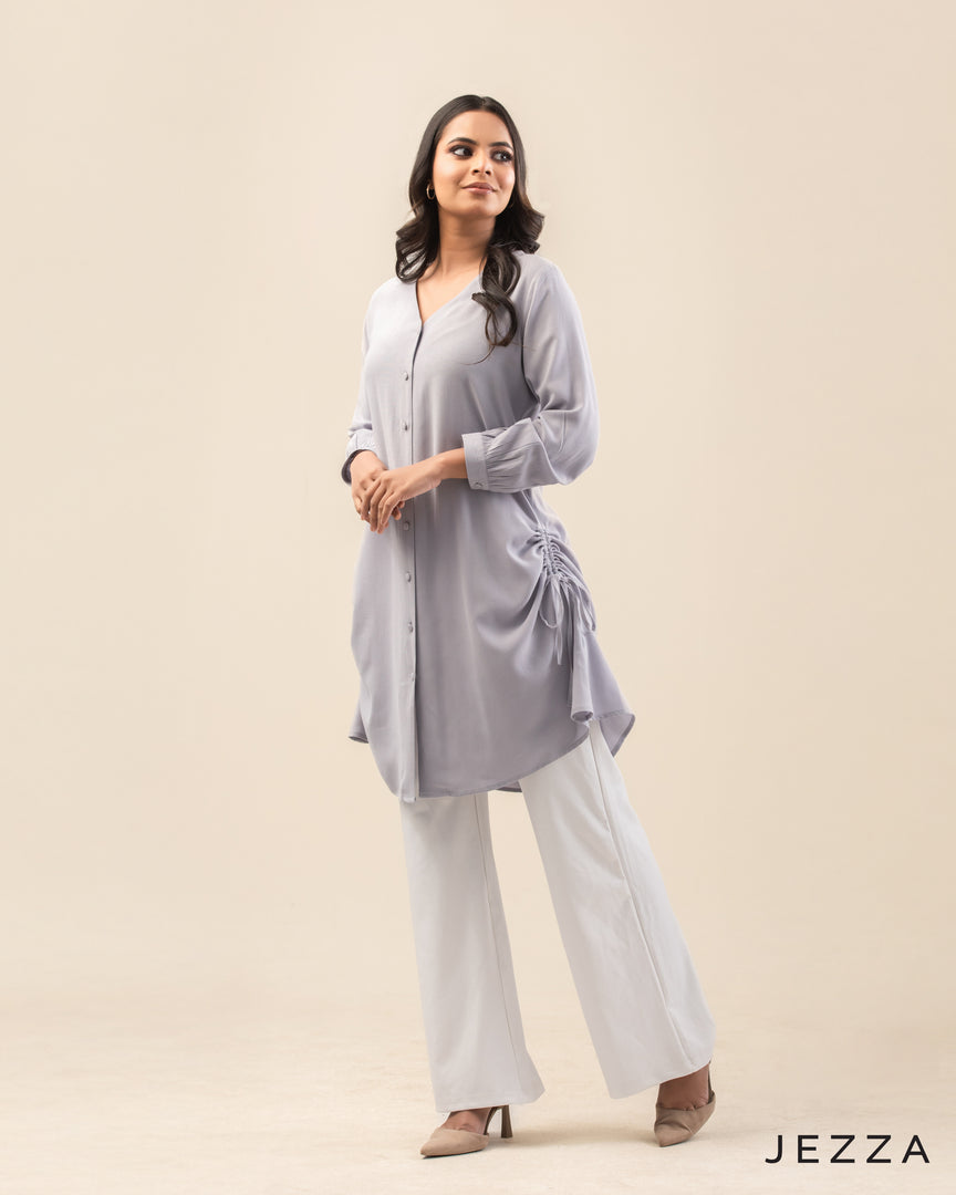 Draped Grace: Ruched V-Neck Knee Top 71532