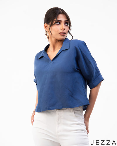 Refined Ease: Linen Collared Crop Top 71261