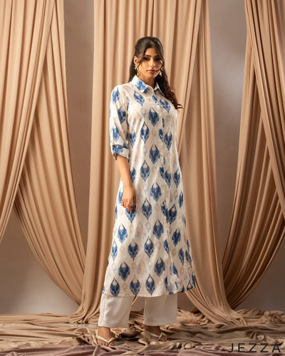 Serene Bloom: Brocade Chiffon Midi Dress in Blue & White 76841