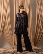 Load image into Gallery viewer, Regal Texture: Purple &amp; Black Print Satin Top with Collar &amp; Collar Band 73441