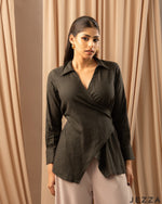 Load image into Gallery viewer, Effortless Utility: The Olive Green Linen V-Neck Top 77281