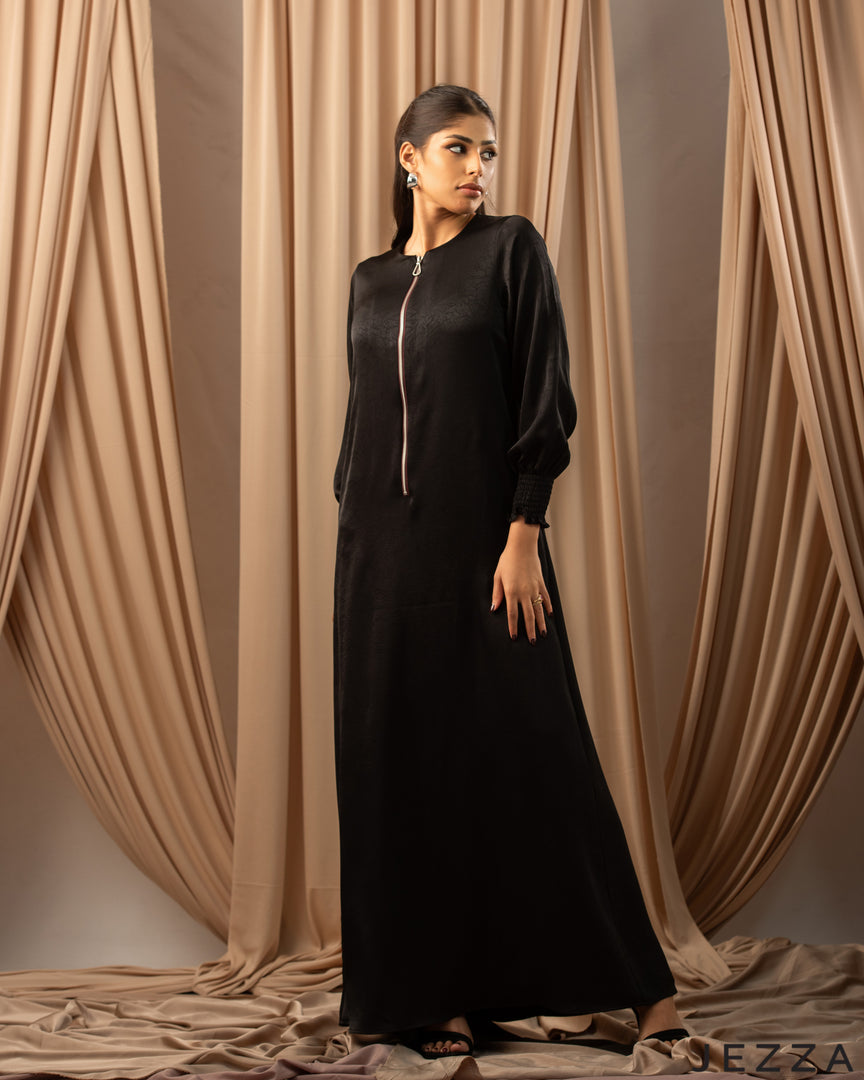 Shadow Elegance: Relaxed Satin Dress with Long Sleeves 76711