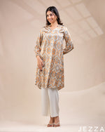 Load image into Gallery viewer, Artful Ease: The Motif-Print Satin Knee Top with Mandarin Collar 76891