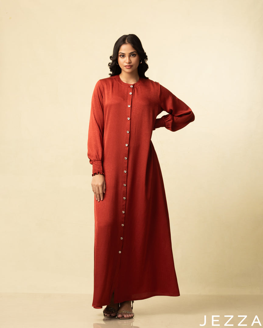 Earthbound Elegance: Red-Brown Mandarin-Collar A-Line Dress 76262