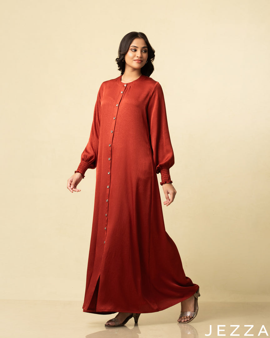 Earthbound Elegance: Red-Brown Mandarin-Collar A-Line Dress 76262