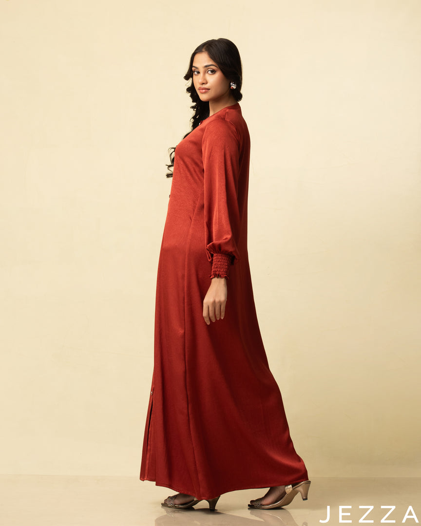 Earthbound Elegance: Red-Brown Mandarin-Collar A-Line Dress 76262
