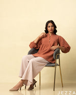 Load image into Gallery viewer, Earthy Charm: Mandarin Collar Terracotta Hip Top 77231