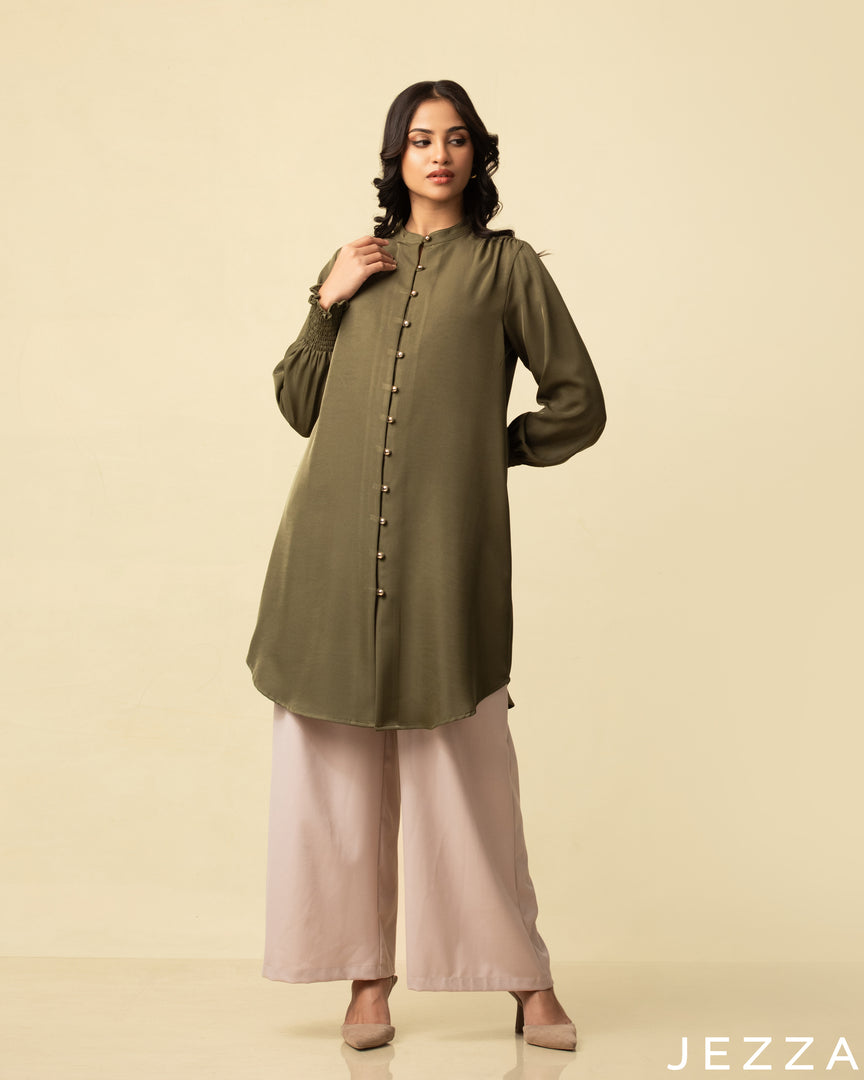 Classic Purity: Seaweed Green Mandarin-Collar Long Top 77061