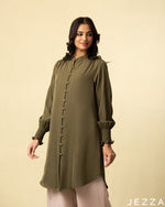 Load image into Gallery viewer, Classic Purity: Seaweed Green Mandarin-Collar Long Top 77061