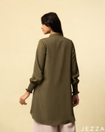 Load image into Gallery viewer, Classic Purity: Seaweed Green Mandarin-Collar Long Top 77061