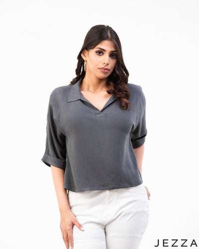 Refined Ease: Linen Collared Crop Top 72911