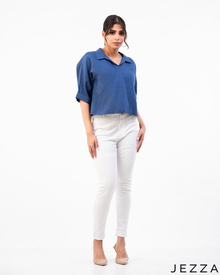 Refined Ease: Linen Collared Crop Top 71261