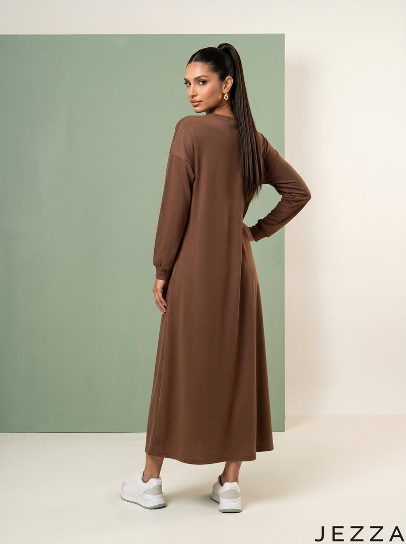 Cinnamon Drift: Brown Rib Knit A-Line Dress 77211
