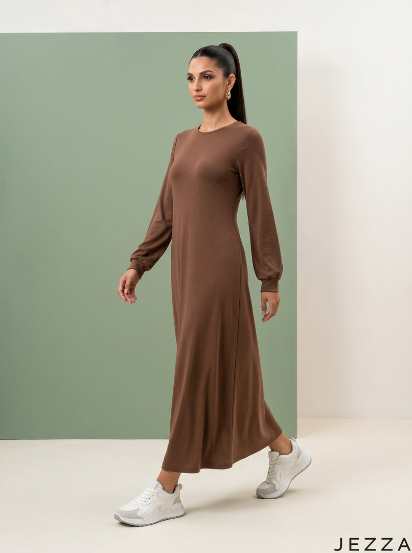 Cinnamon Drift: Brown Rib Knit A-Line Dress 77211