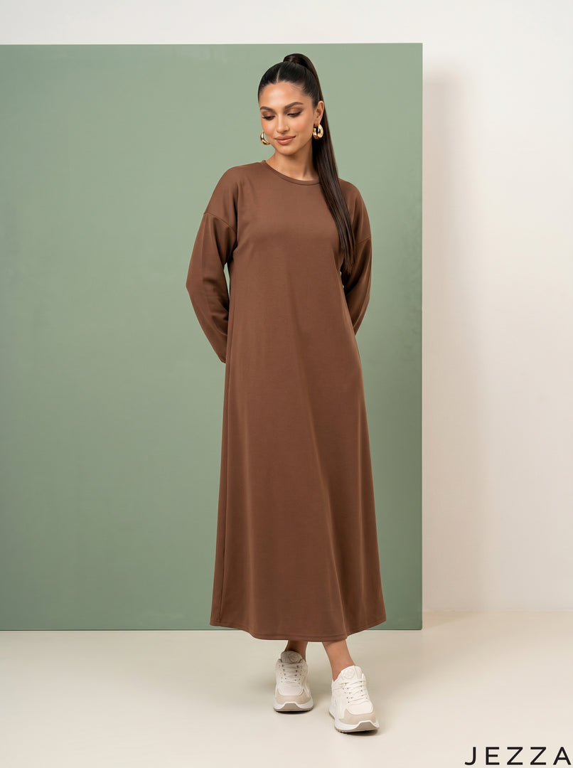 Cinnamon Drift: Brown Rib Knit A-Line Dress 77211
