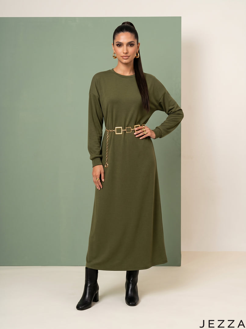 Olive Horizon: Rib Knit A-Line Dress 77212