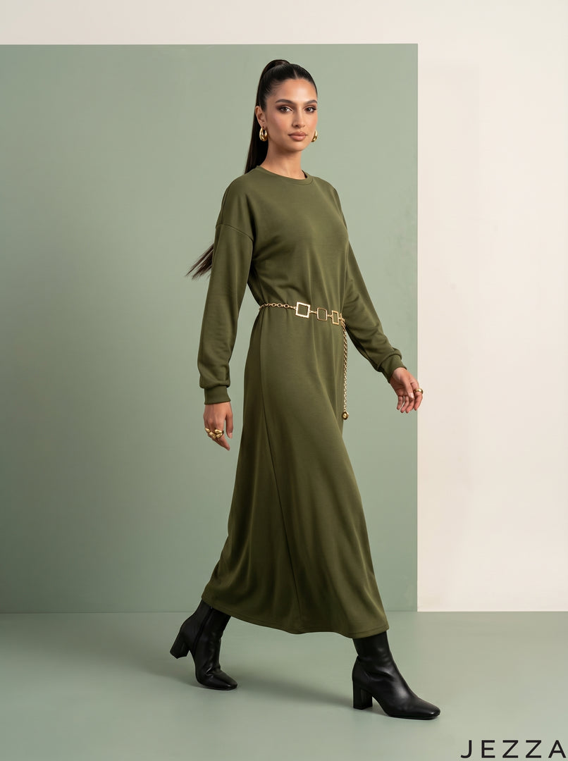 Olive Horizon: Rib Knit A-Line Dress 77212