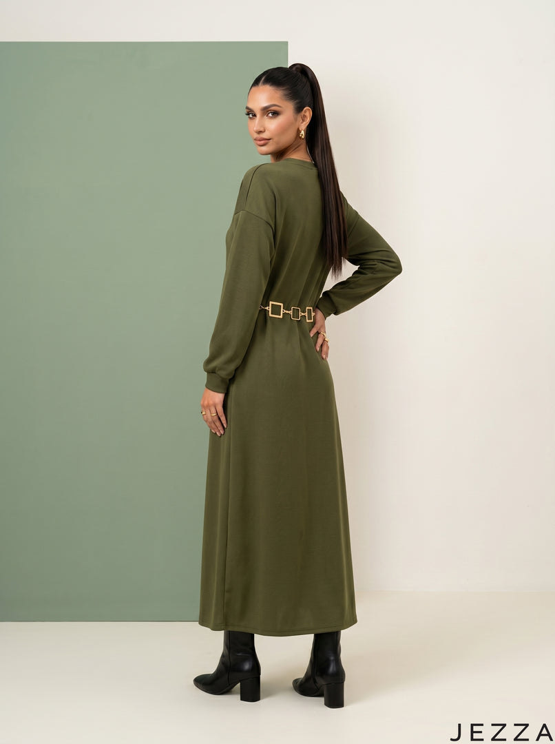 Olive Horizon: Rib Knit A-Line Dress 77212