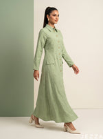 Load image into Gallery viewer, Verdant Sheen: Tea Green Brocade Dress 87843