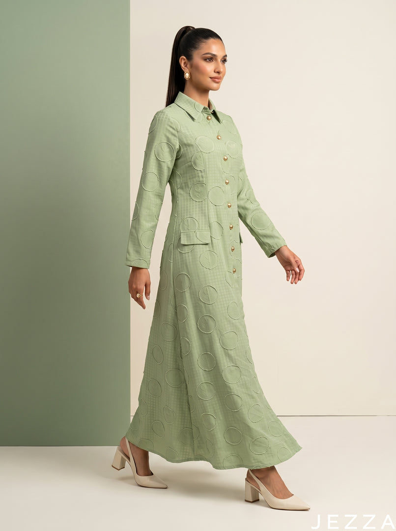 Verdant Sheen: Tea Green Brocade Dress 87843