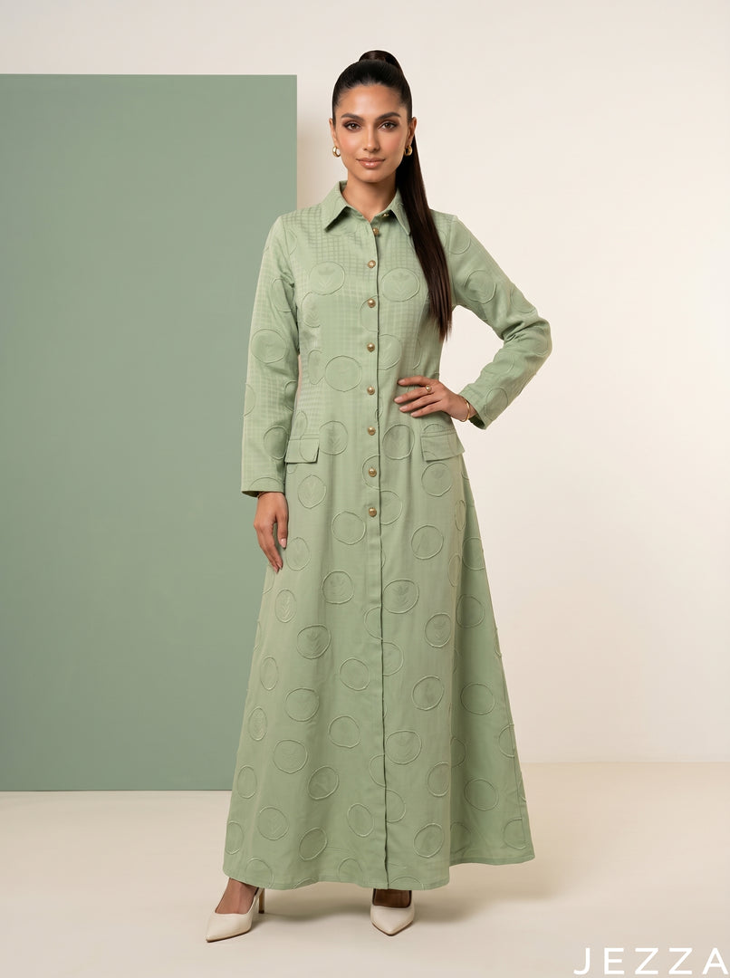 Verdant Sheen: Tea Green Brocade Dress 87843