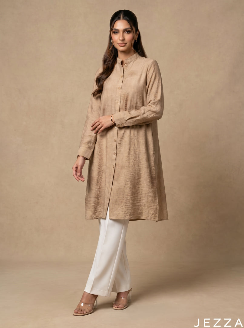 Desert Sand: Mandarin Collar Knee Top 77671