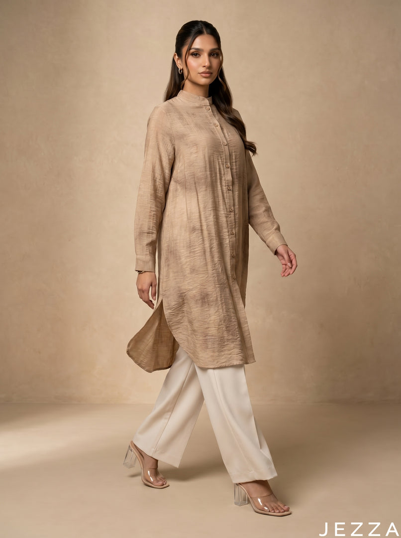Desert Sand: Mandarin Collar Knee Top 77671