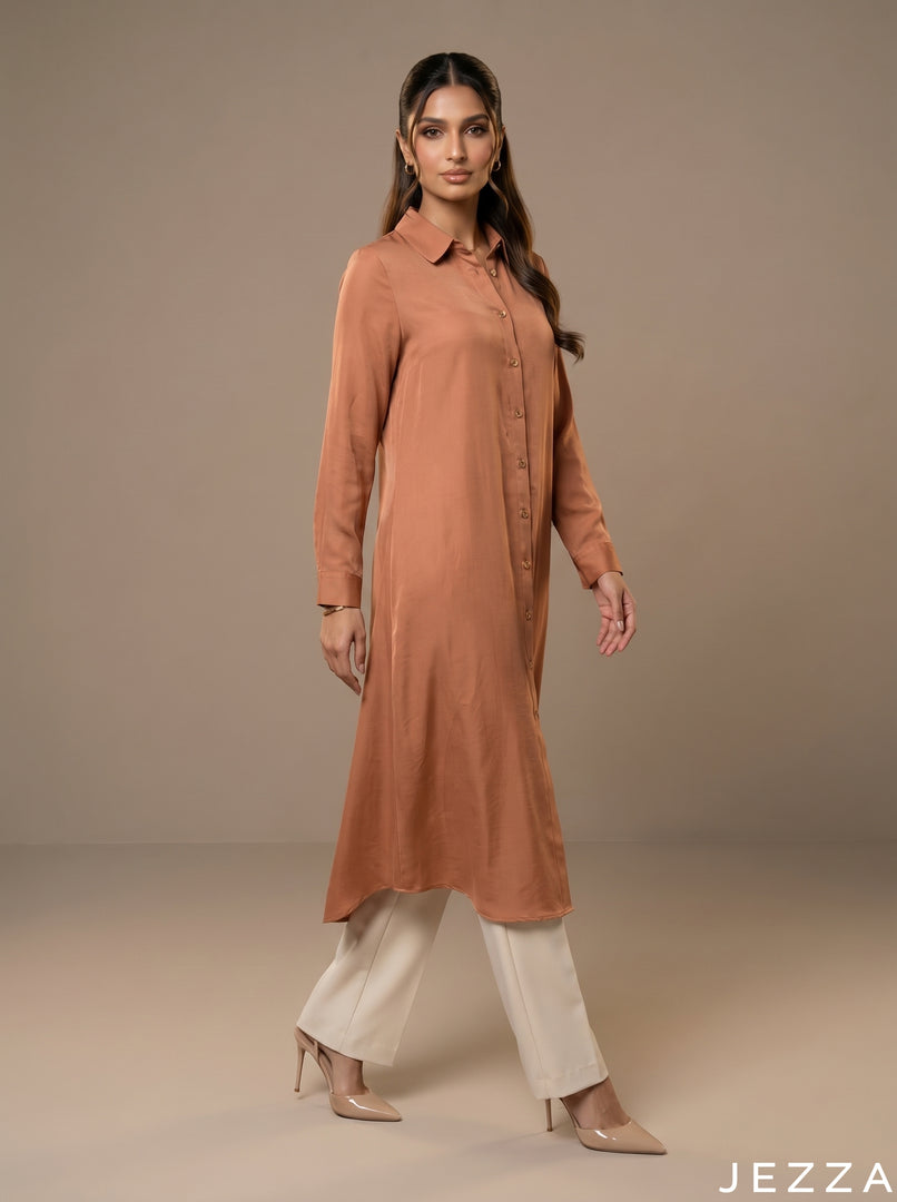 Peach Glow: Collared Midi Length Top 82382