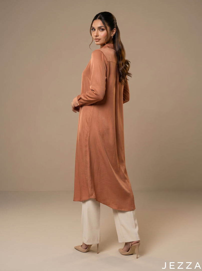 Peach Glow: Collared Midi Length Top 82382