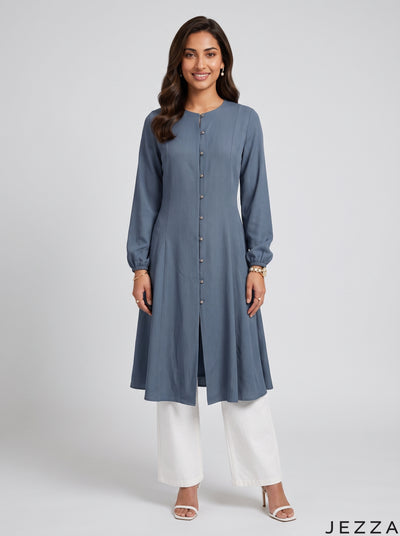 Midnight Ease: Dark Blue Cotton Knee Top 81082