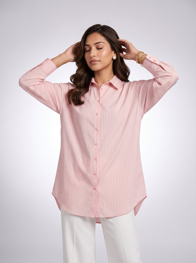 Pinstripe Poise: Pink Below Hip Top 87523