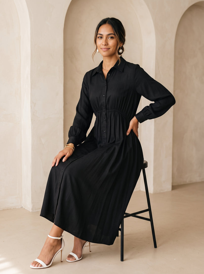 Black Collared Midi Dress 87934