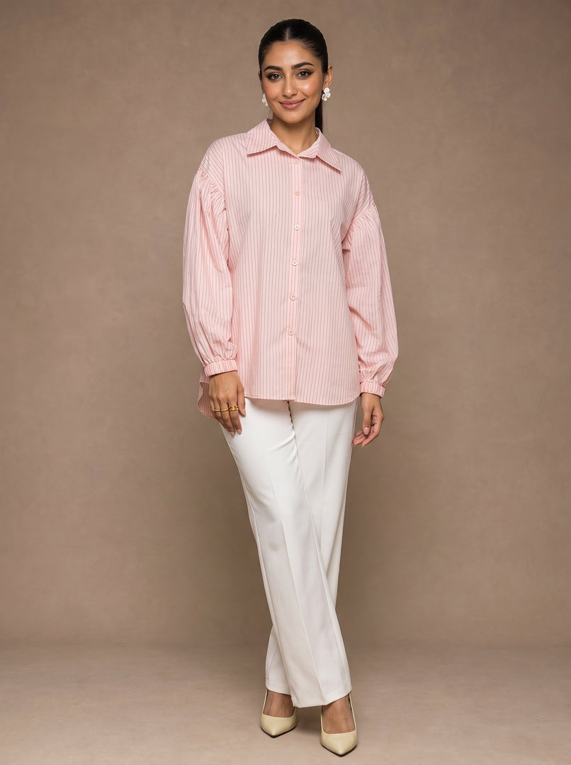 Pinstripe Grace: Cotton Below Hip Top 82553