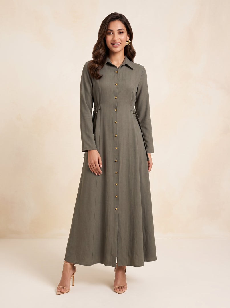 Collared A-Line Olive Green Dress 86361
