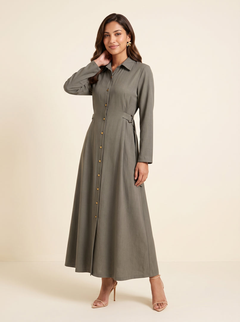 Collared A-Line Olive Green Dress 86361