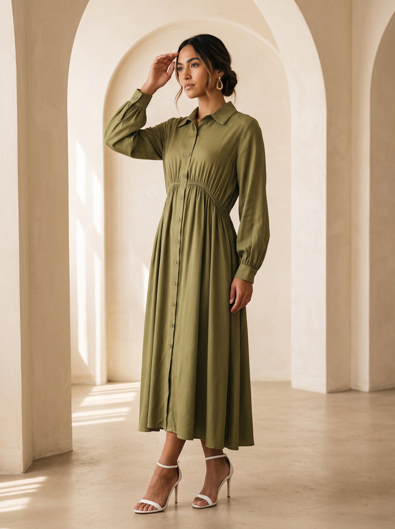 Green Tea Collared Midi Dress 87932