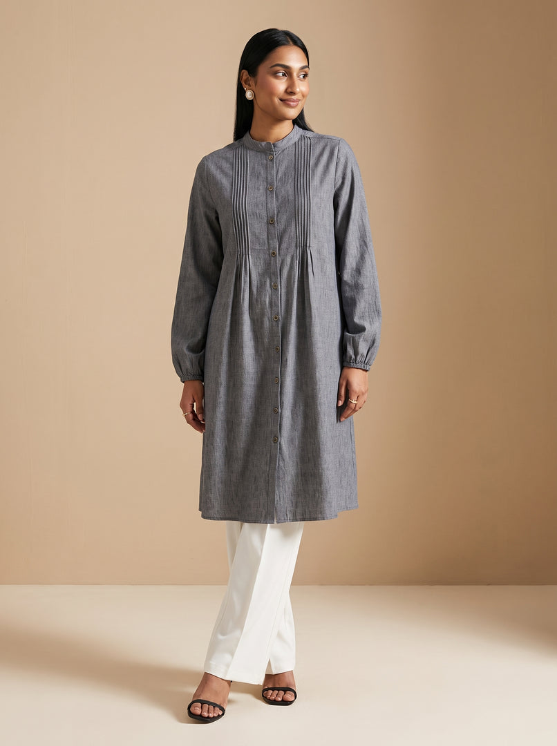 Grey Horizon: Cotton Mandarin Knee Top 81692
