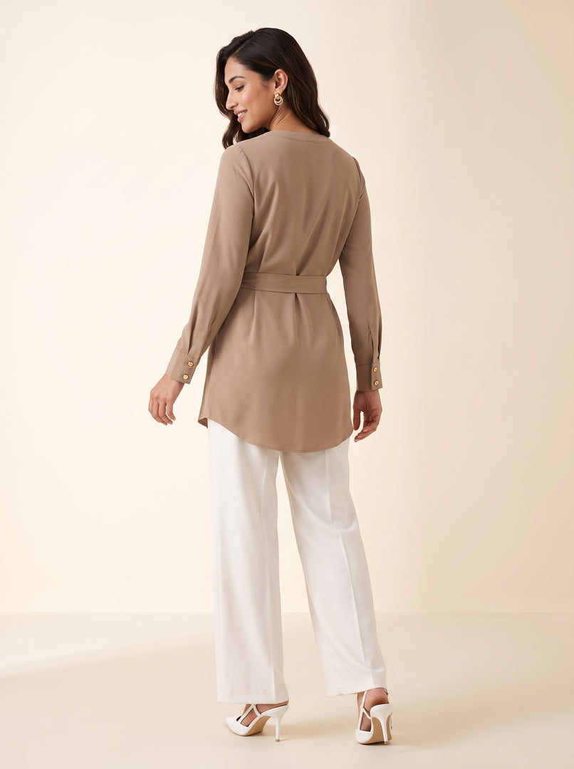 Round Neck Long Sleeve Khaki Brown Top 88151