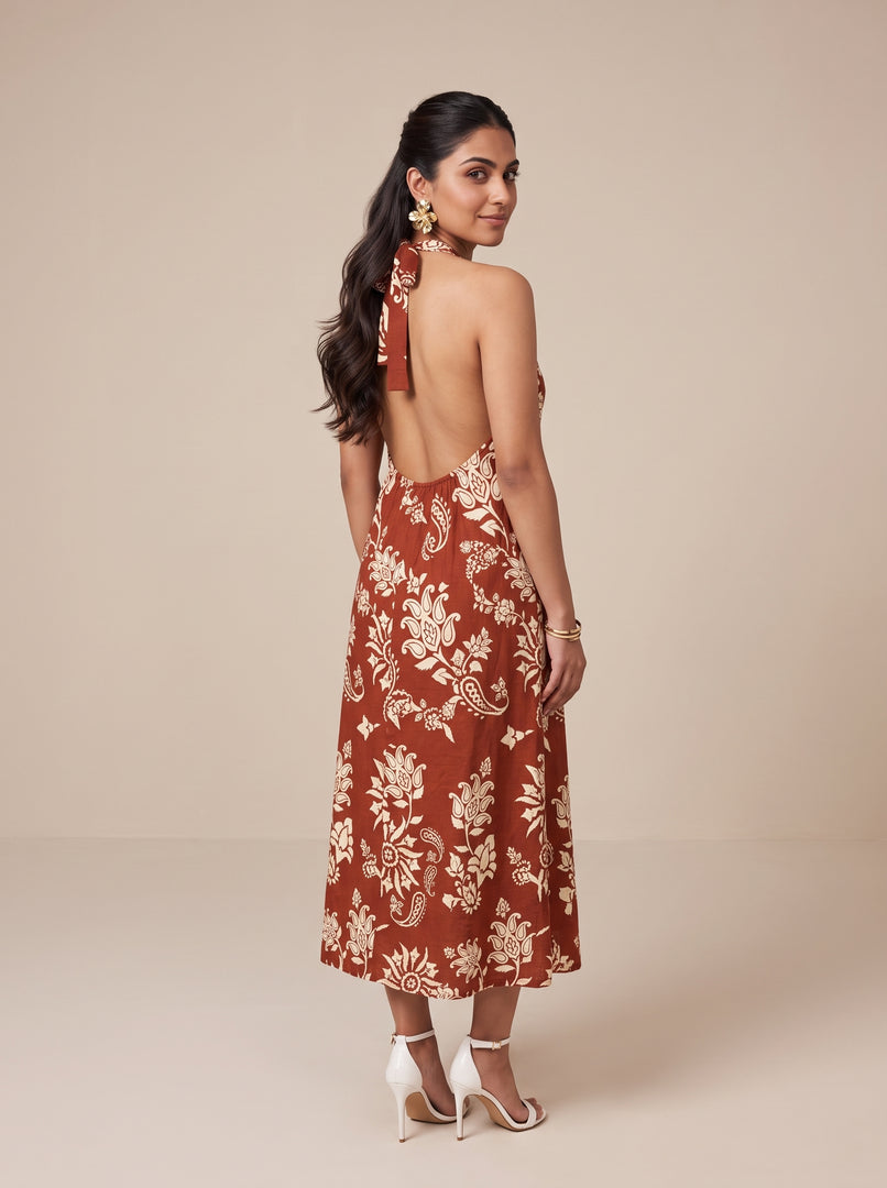 Cotton Printed Halter Midi Dress 93471