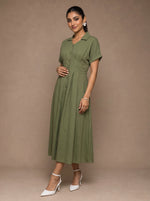 Load image into Gallery viewer, Olive Classic: Cotton Open-Collar Midi Dress 87703