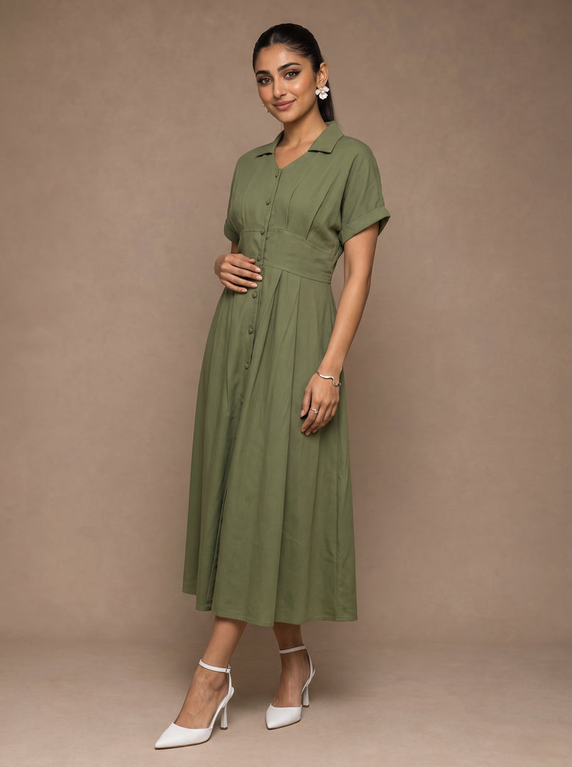 Olive Classic: Cotton Open-Collar Midi Dress 87703