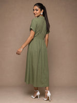 Load image into Gallery viewer, Olive Classic: Cotton Open-Collar Midi Dress 87703