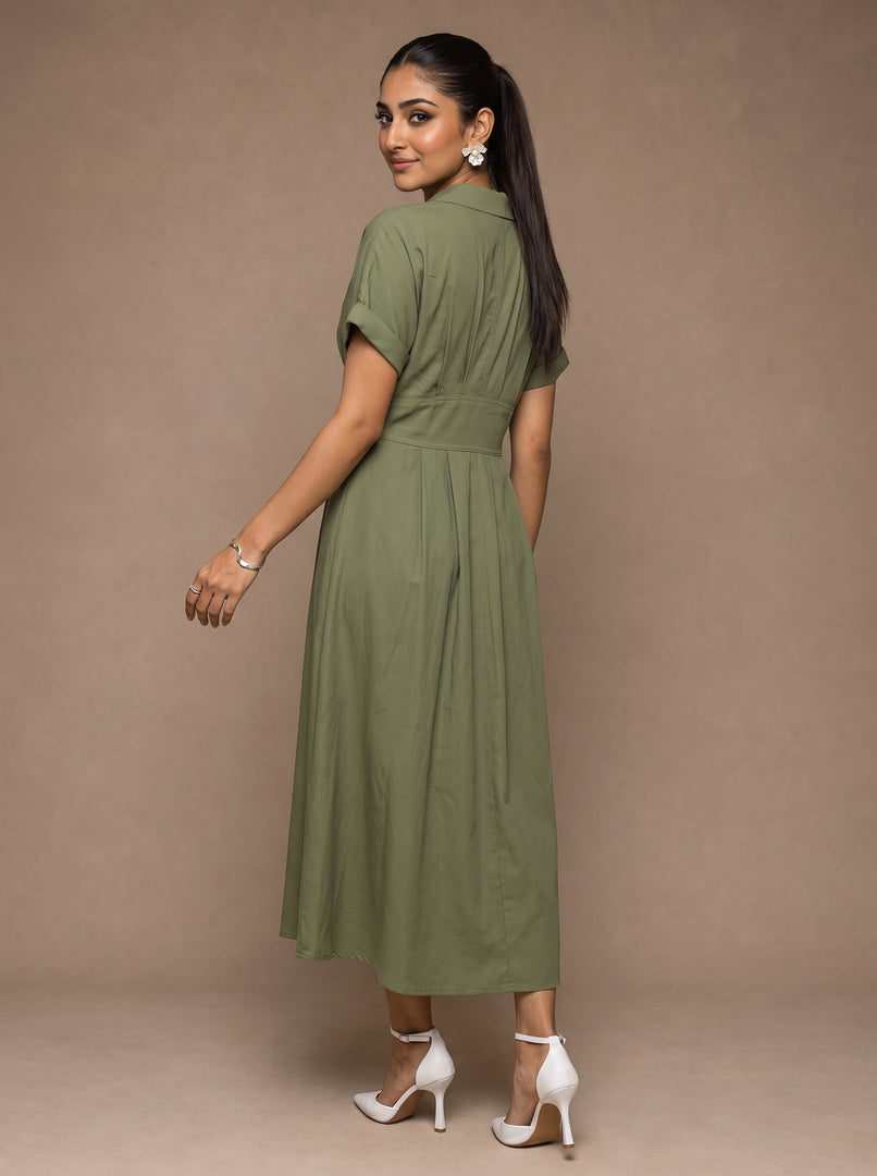 Olive Classic: Cotton Open-Collar Midi Dress 87703