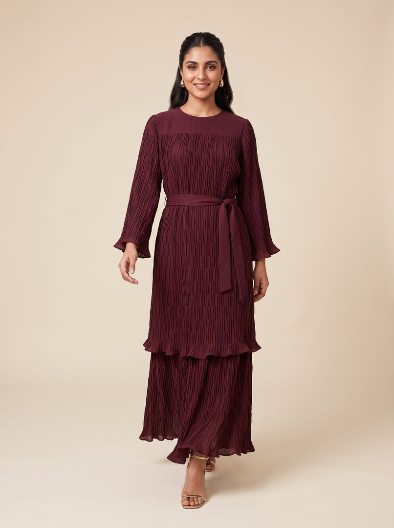 Maroon Pleated Flow Dress 92381