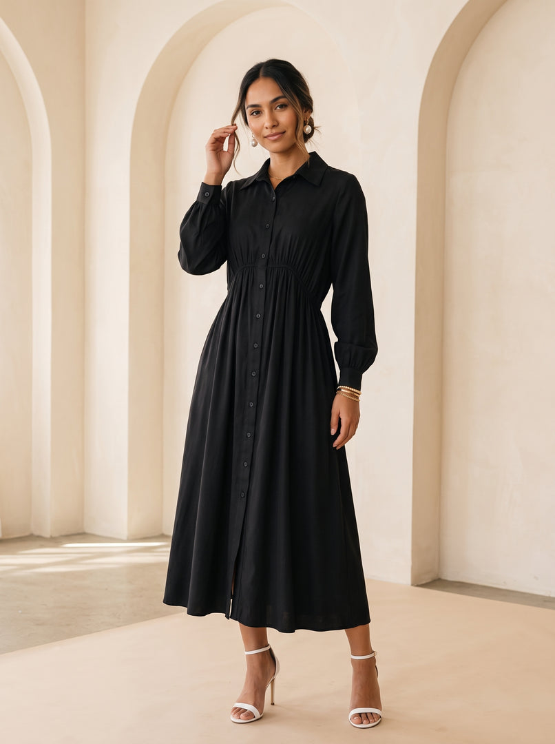 Black Collared Midi Dress 87934