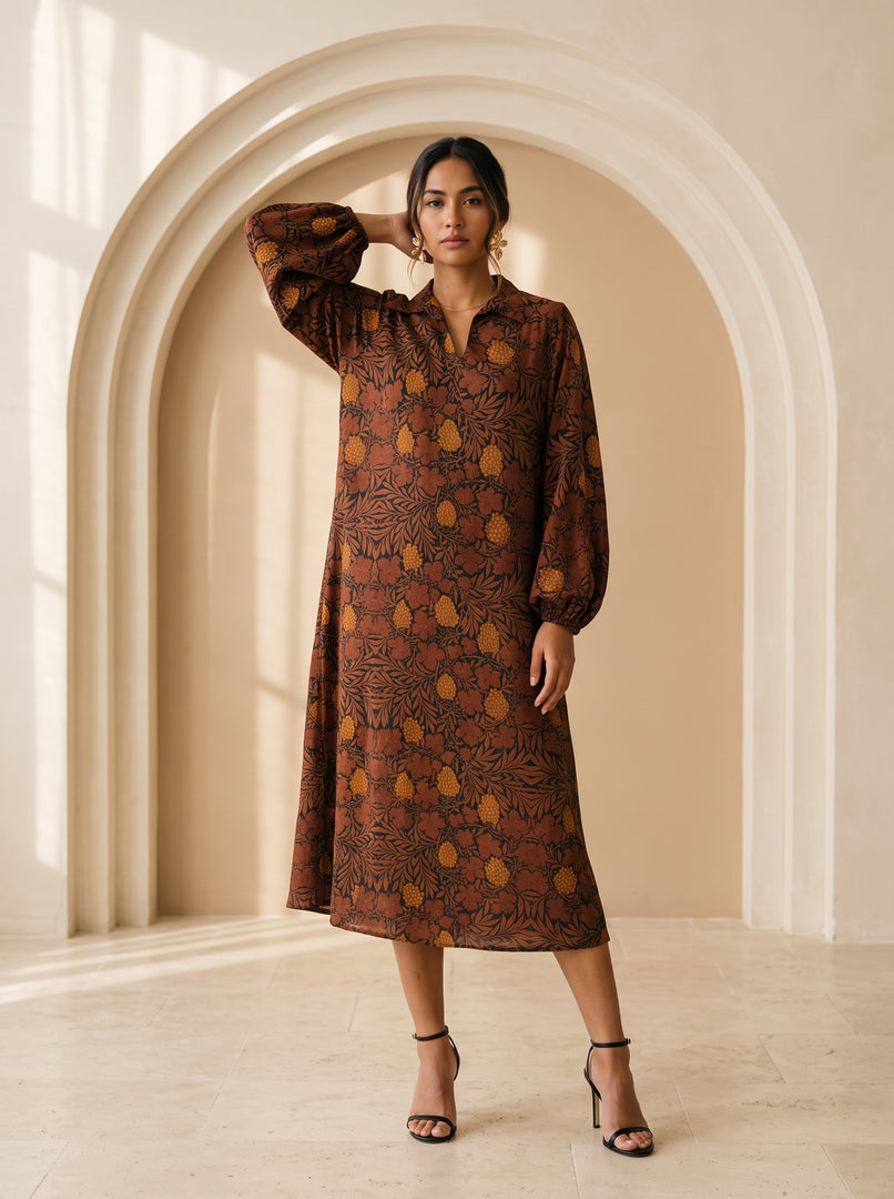 Abstract Leaves Collared Midi Top 94532