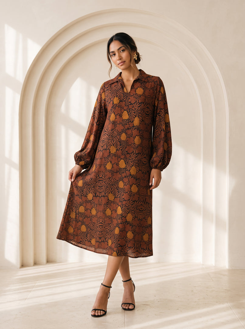 Abstract Leaves Collared Midi Top 94532