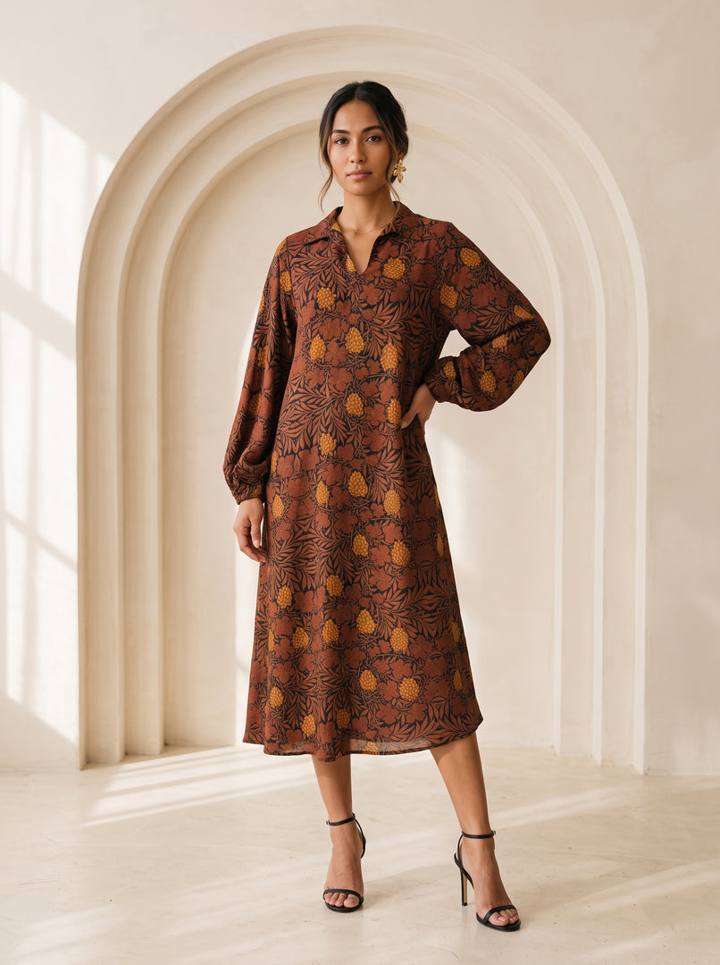 Abstract Leaves Collared Midi Top 94532