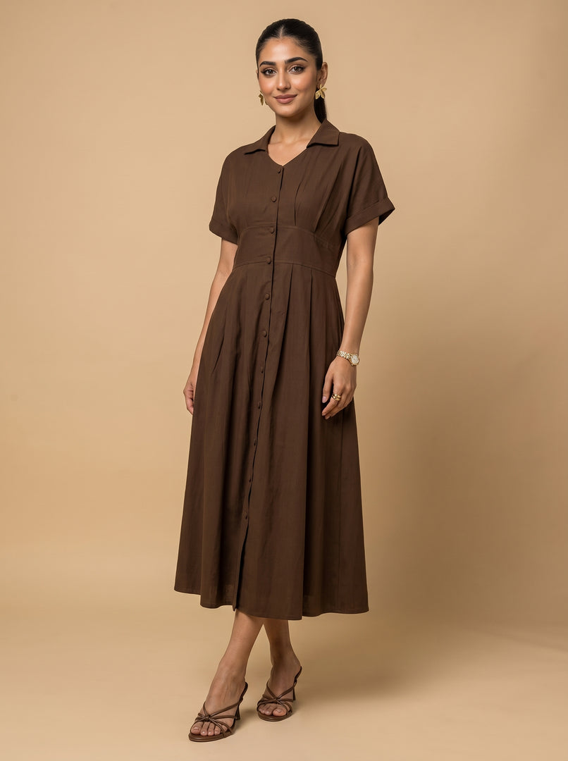 Coffee Classic: Cotton Open-Collar Midi Dress 87702